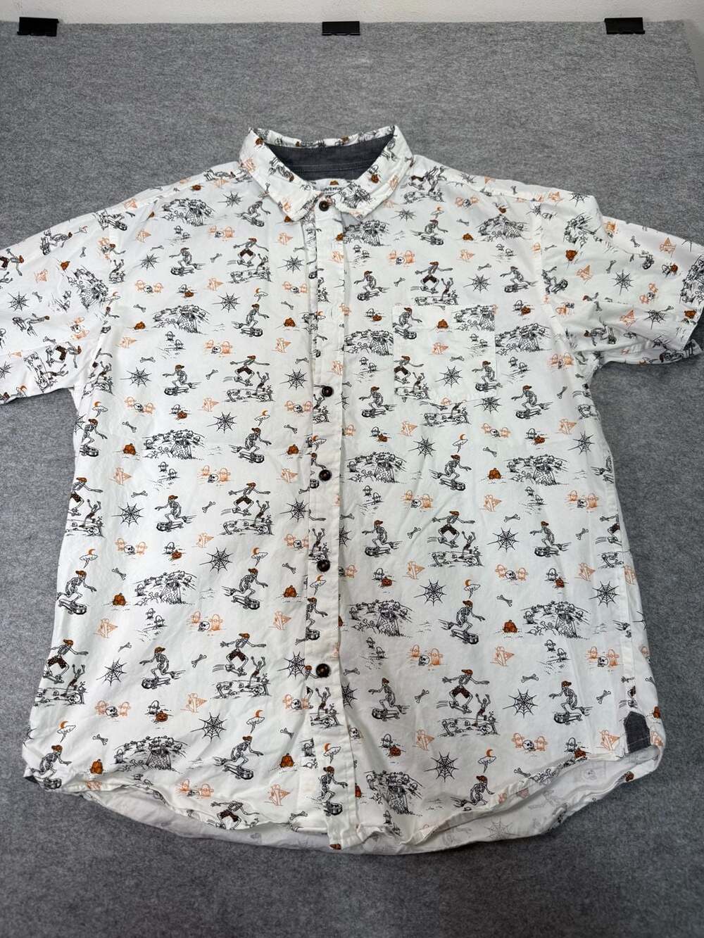 Eighth Avenue Skateboarding Skeletons Halloween Short Sleeve Button Up Shirt